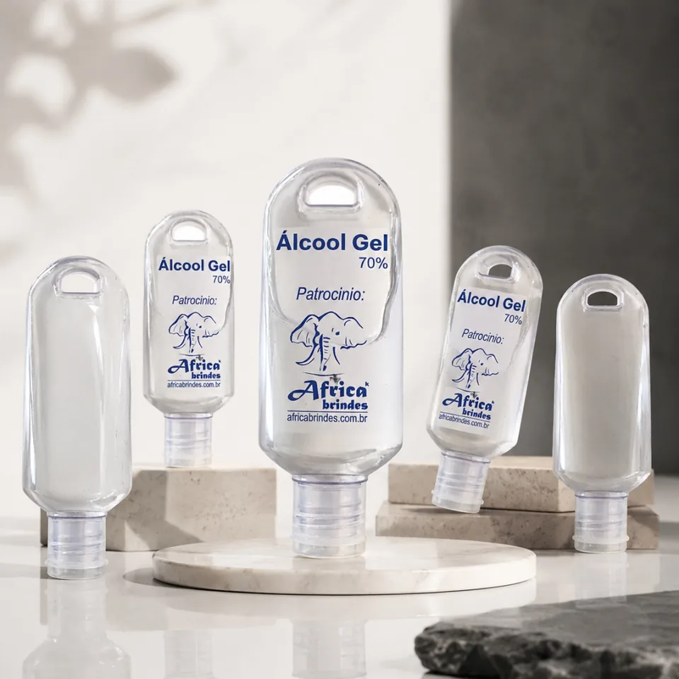 Álcool gel 60 ml personalizado com mosquetão